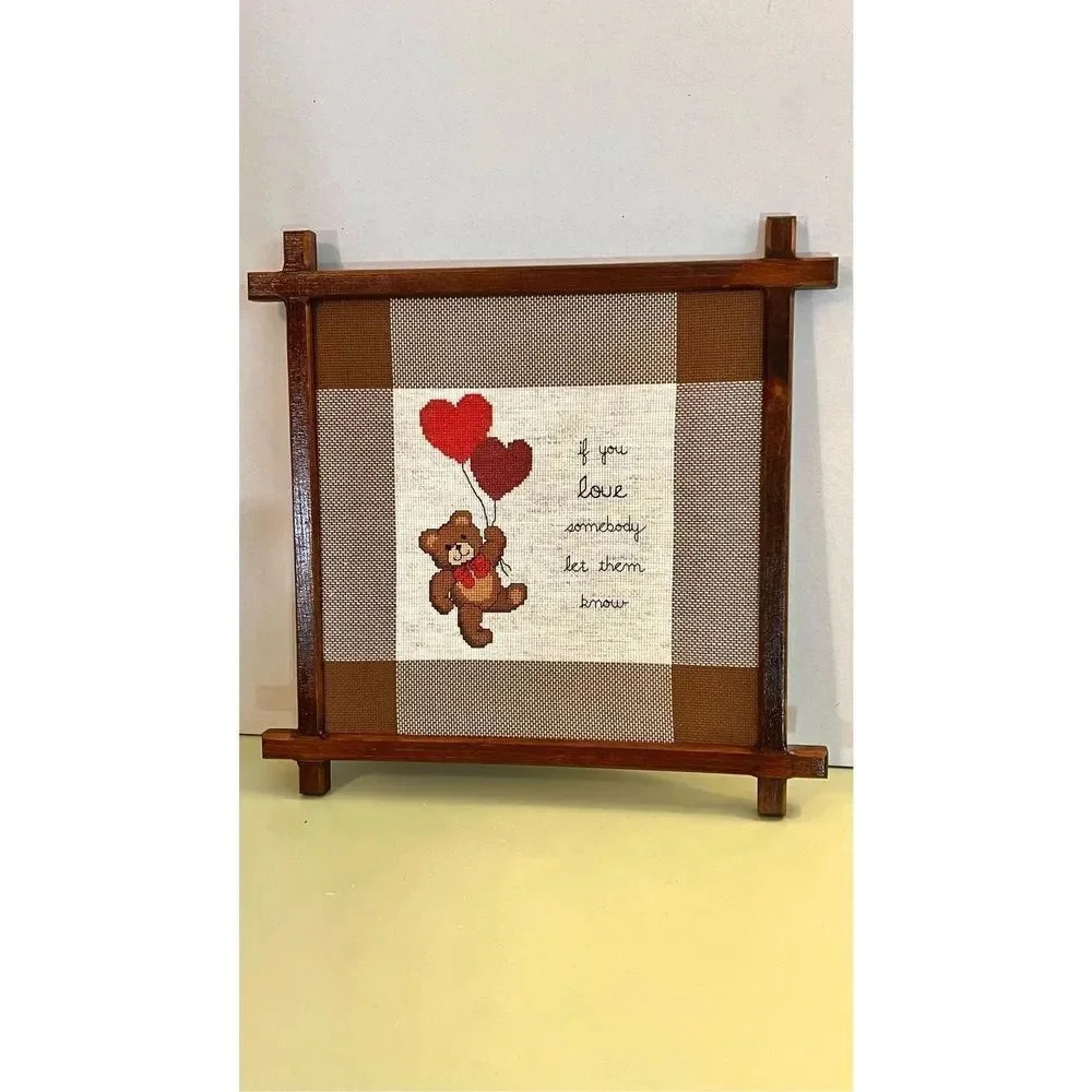 Vintage Wooden Framed Hand Needlepoint Stitched Teddy Bear Love Art